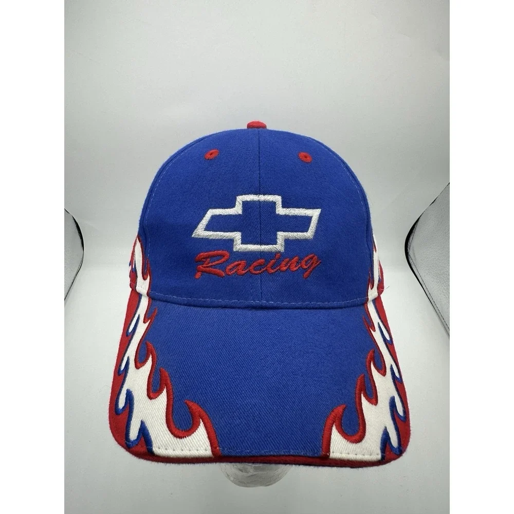Vintage Chevy Racing Flame Hat Blue Red Strapback OTTO Cap Y2K USA Style Rare